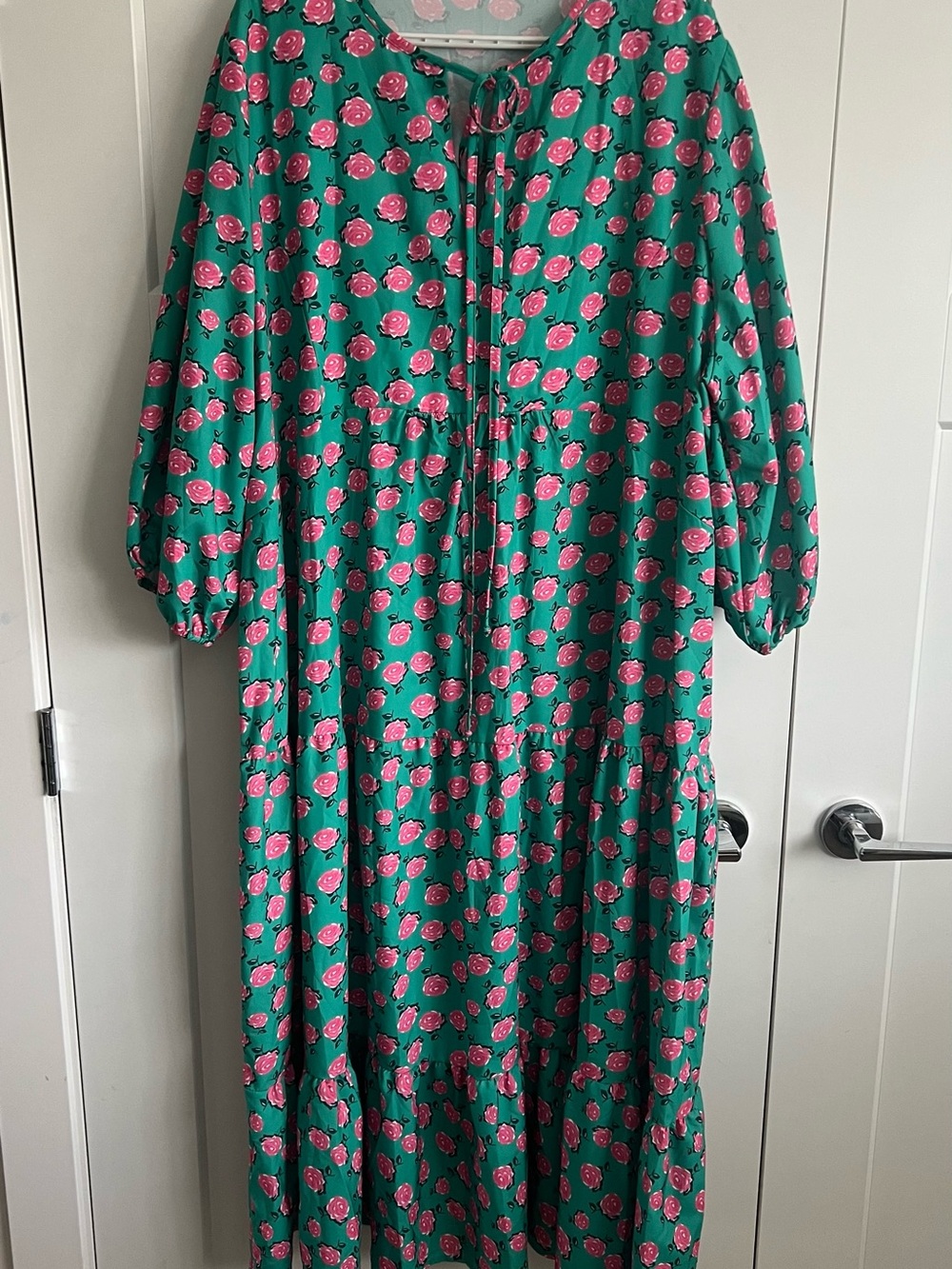 Green Floral Tie-Neck Maxi Dress with Pink Rose Print
